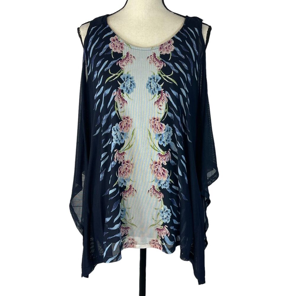 JM Collection 0X-Large Top Floral Cold-Shoulder Sleeves Stretch Mesh Overlay New